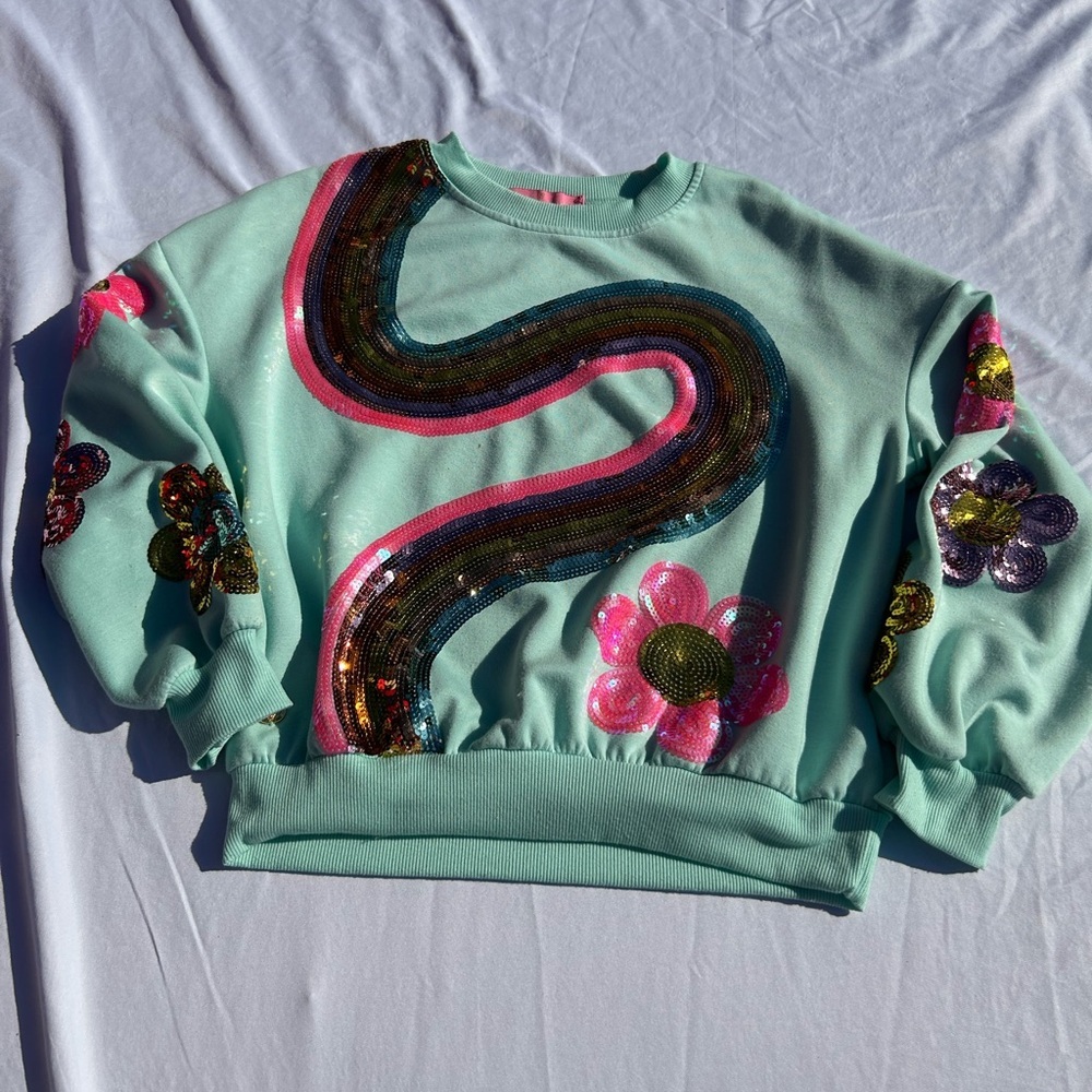 Simply Southern Mint Green Sequin Floral Pullover Sweatshirt